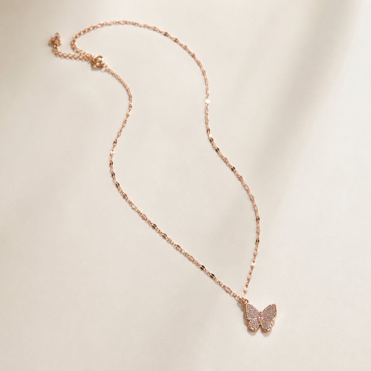 Rose Gold Butterfly Necklace, Pink and Clear Moissanite Pendant, Dainty 18-Inch Adjustable Chain, Minimalist Gift for Her