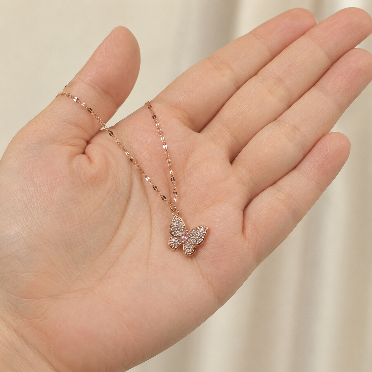 Rose Gold Butterfly Necklace, Pink and Clear Moissanite Pendant, Dainty 18-Inch Adjustable Chain, Minimalist Gift for Her