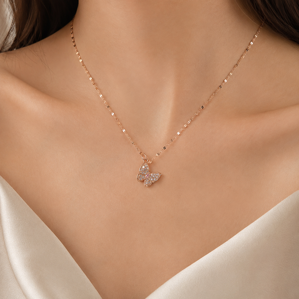Rose Gold Butterfly Necklace, Pink and Clear Moissanite Pendant, Dainty 18-Inch Adjustable Chain, Minimalist Gift for Her