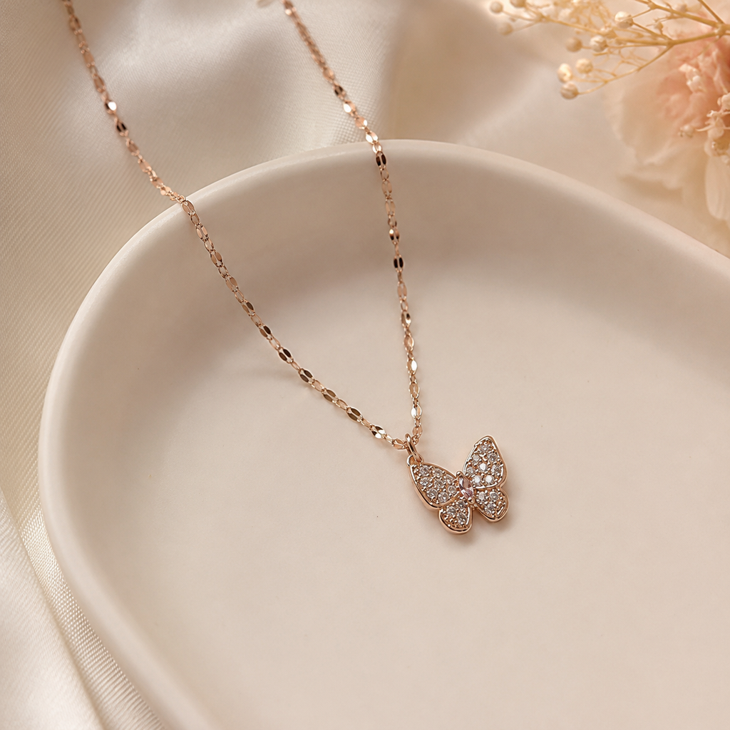 Rose Gold Butterfly Necklace, Pink and Clear Moissanite Pendant, Dainty 18-Inch Adjustable Chain, Minimalist Gift for Her