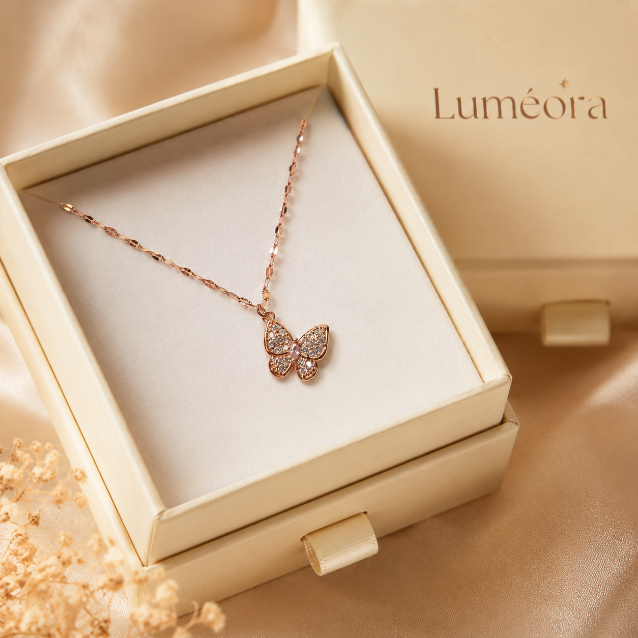 Rose Gold Butterfly Necklace, Pink and Clear Moissanite Pendant, Dainty 18-Inch Adjustable Chain, Minimalist Gift for Her
