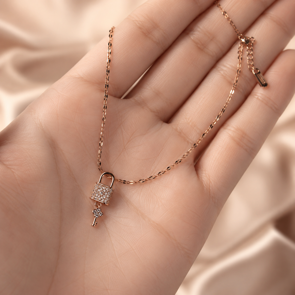 Rose Gold Lock and Key Necklace, Sparkling Padlock Pendant, Dainty 18-Inch Adjustable Chain, Romantic Gift for Her