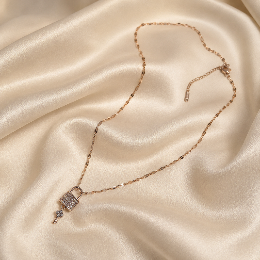 Rose Gold Lock and Key Necklace, Sparkling Padlock Pendant, Dainty 18-Inch Adjustable Chain, Romantic Gift for Her