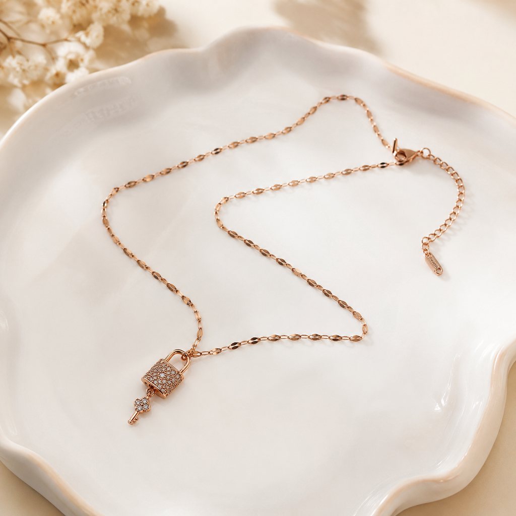 Rose Gold Lock and Key Necklace, Sparkling Padlock Pendant, Dainty 18-Inch Adjustable Chain, Romantic Gift for Her