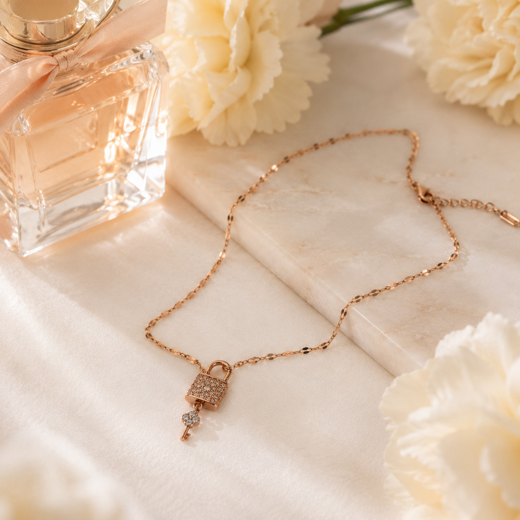 Rose Gold Lock and Key Necklace, Sparkling Padlock Pendant, Dainty 18-Inch Adjustable Chain, Romantic Gift for Her