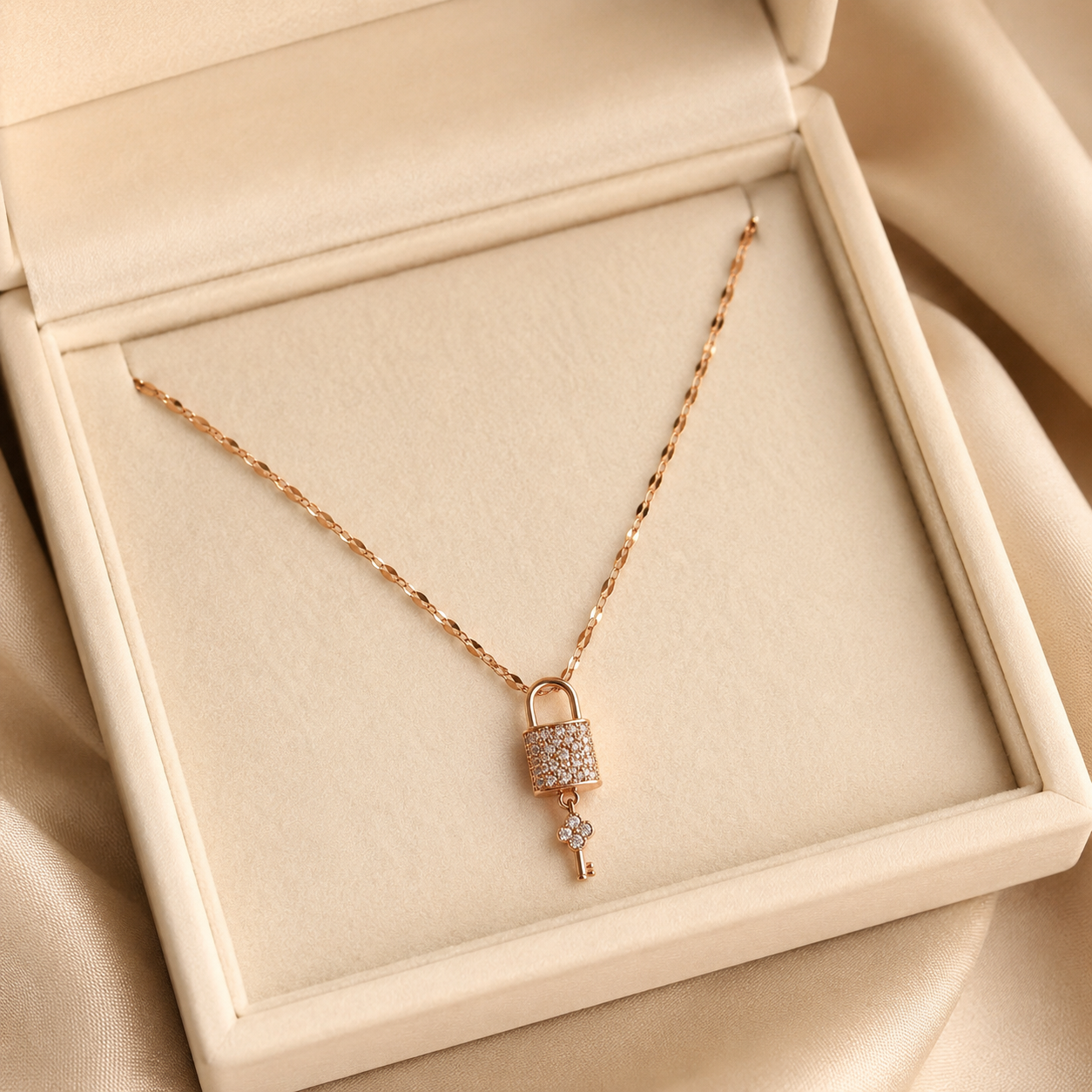 Rose Gold Lock and Key Necklace, Sparkling Padlock Pendant, Dainty 18-Inch Adjustable Chain, Romantic Gift for Her