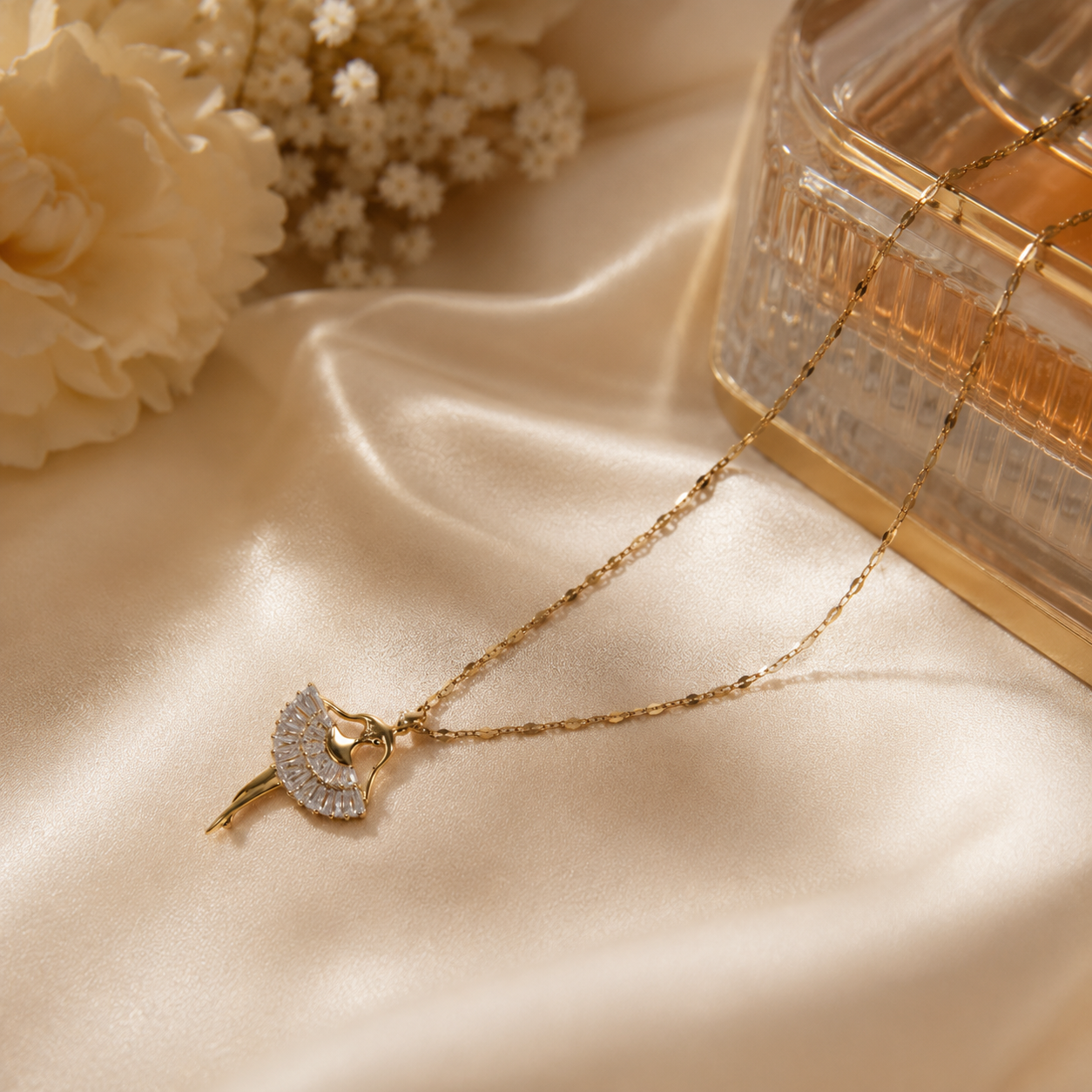 Gold Ballerina Necklace, Crystal Tutu Dancer Pendant with Crown, Dainty Adjustable Chain, Ballet Gift for Her