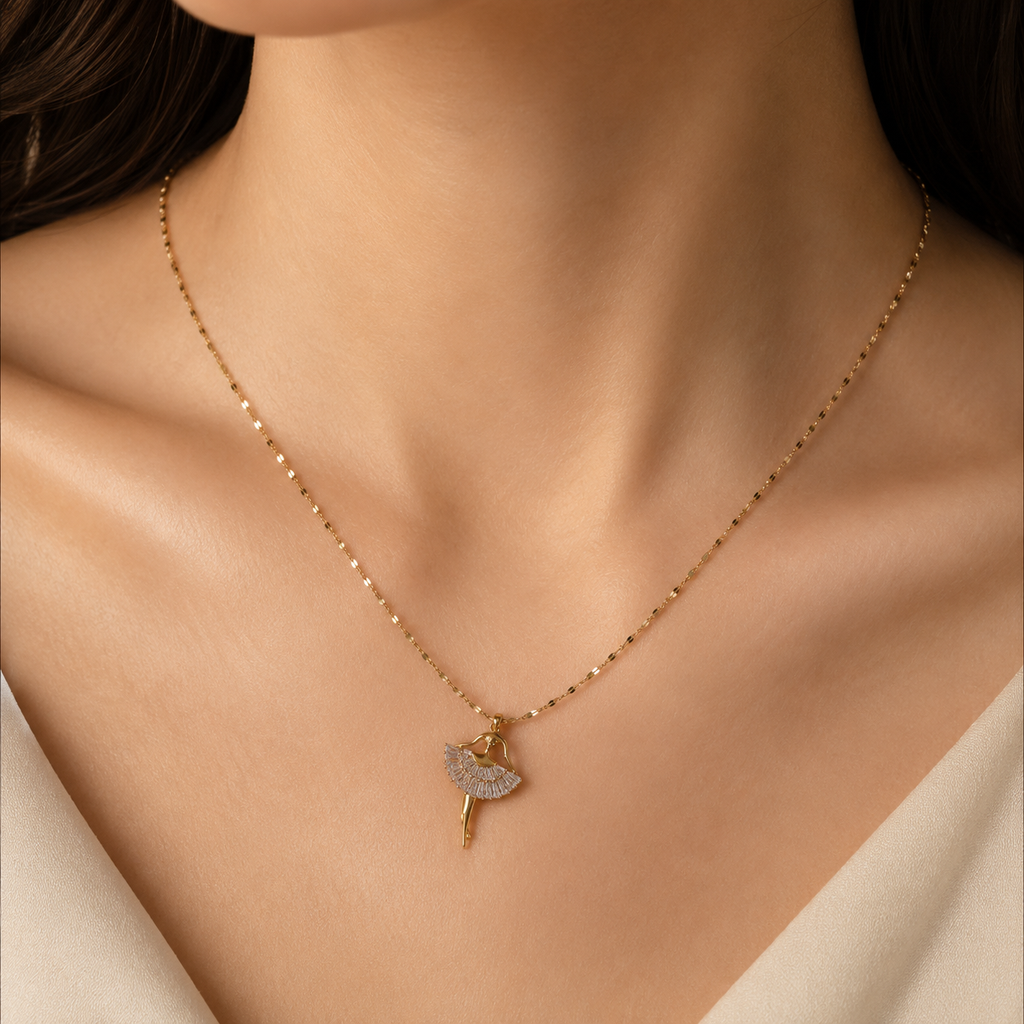 Gold Ballerina Necklace, Crystal Tutu Dancer Pendant with Crown, Dainty Adjustable Chain, Ballet Gift for Her