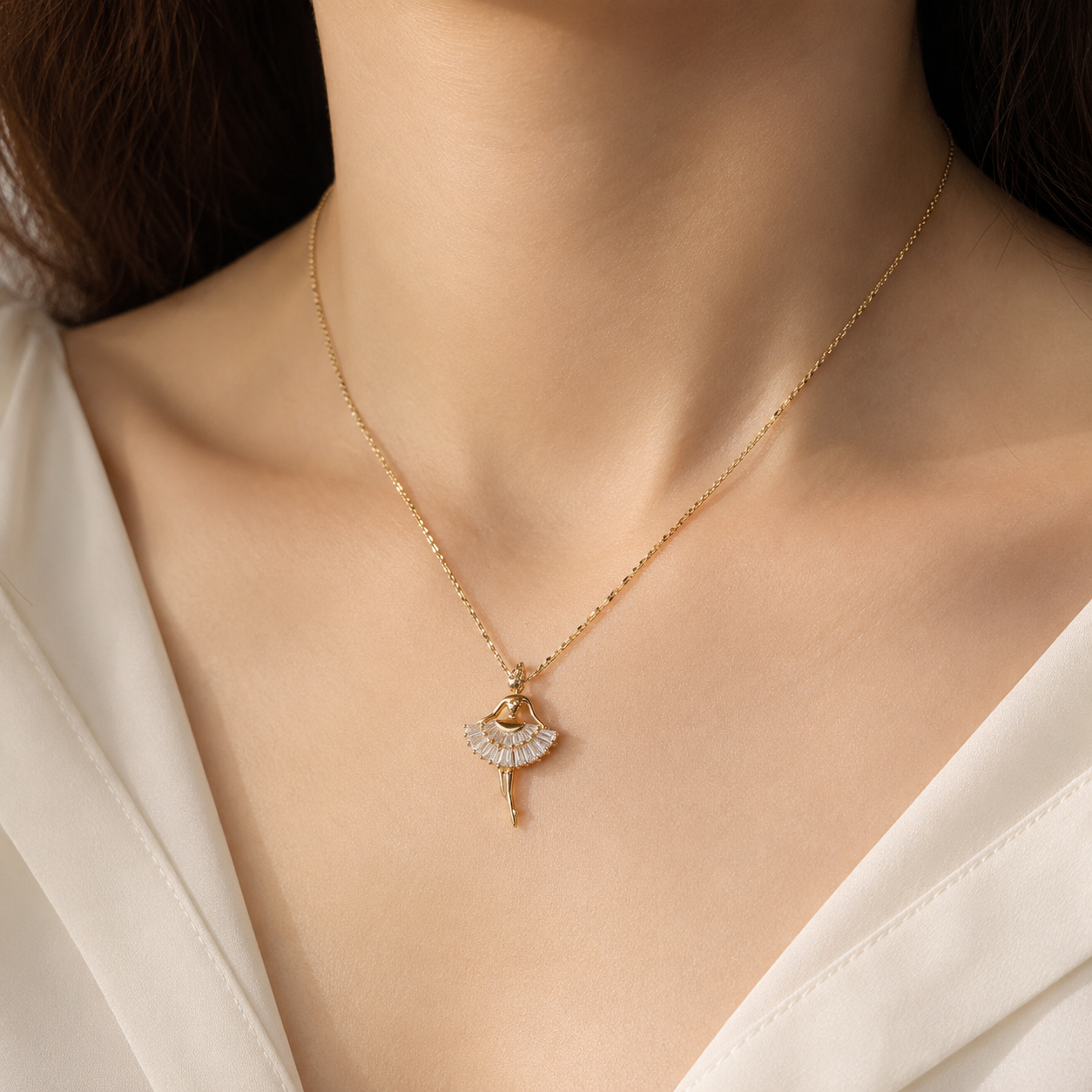 Gold Ballerina Necklace, Crystal Tutu Dancer Pendant with Crown, Dainty Adjustable Chain, Ballet Gift for Her