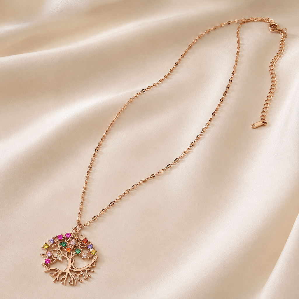 Rose Gold Tree of Life Necklace, Colorful Cubic Zirconia Pendant, Stainless Steel, 18 Inch Adjustable Meaningful Gift