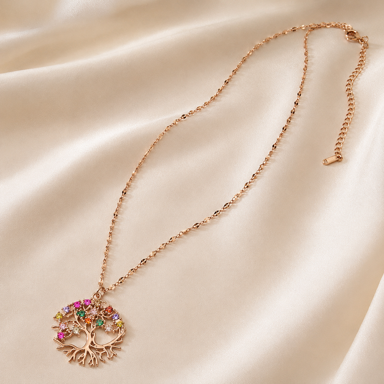 Rose Gold Tree of Life Necklace, Colorful Cubic Zirconia Pendant, Stainless Steel, 18 Inch Adjustable Meaningful Gift