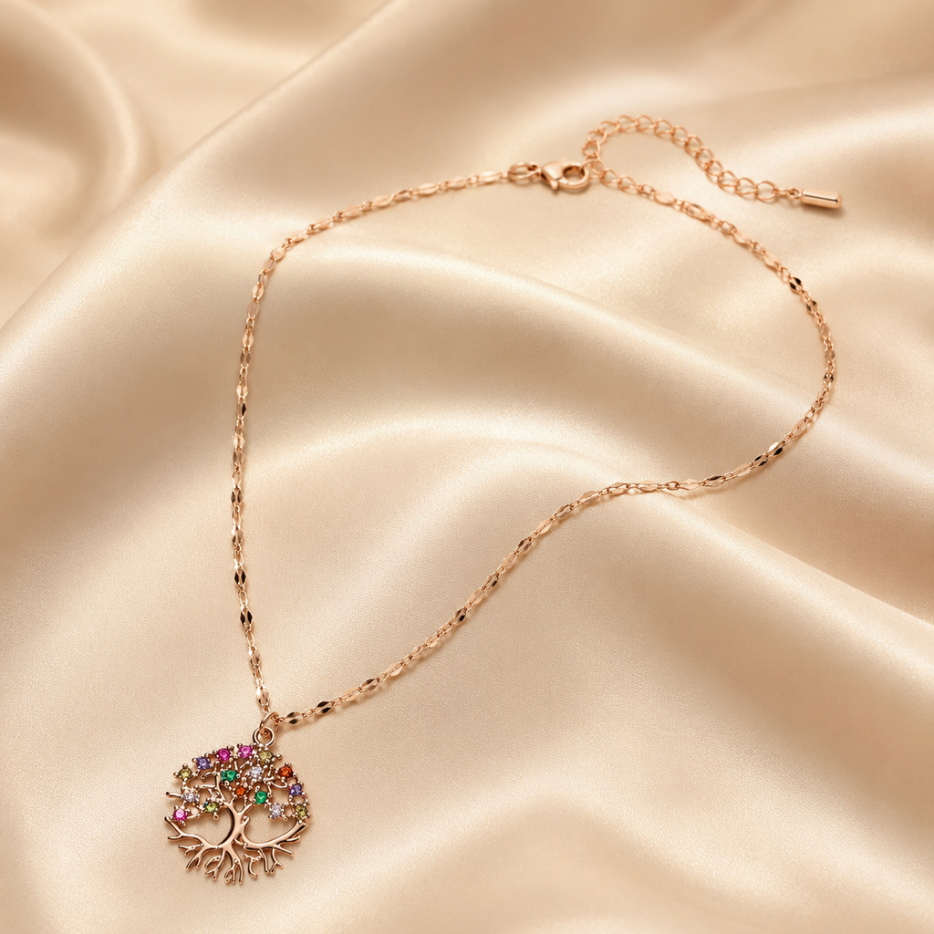 Rose Gold Tree of Life Necklace, Colorful Cubic Zirconia Pendant, Stainless Steel, 18 Inch Adjustable Meaningful Gift