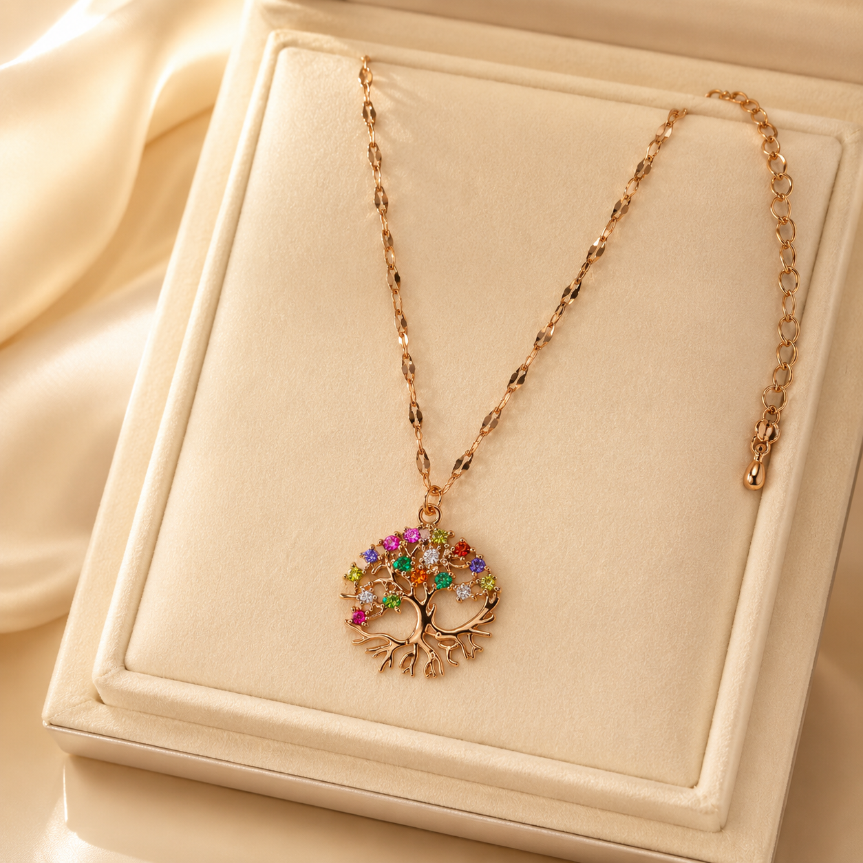 Rose Gold Tree of Life Necklace, Colorful Cubic Zirconia Pendant, Stainless Steel, 18 Inch Adjustable Meaningful Gift