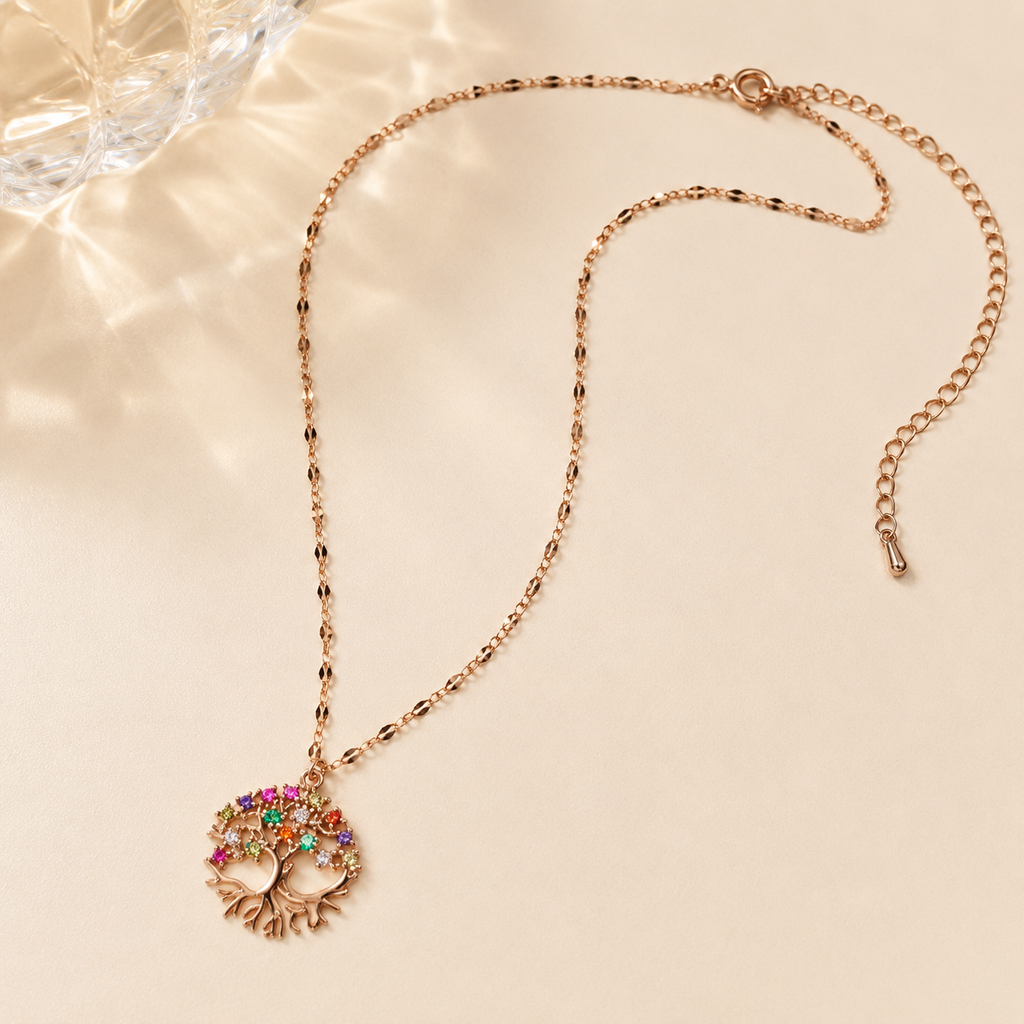 Rose Gold Tree of Life Necklace, Colorful Cubic Zirconia Pendant, Stainless Steel, 18 Inch Adjustable Meaningful Gift