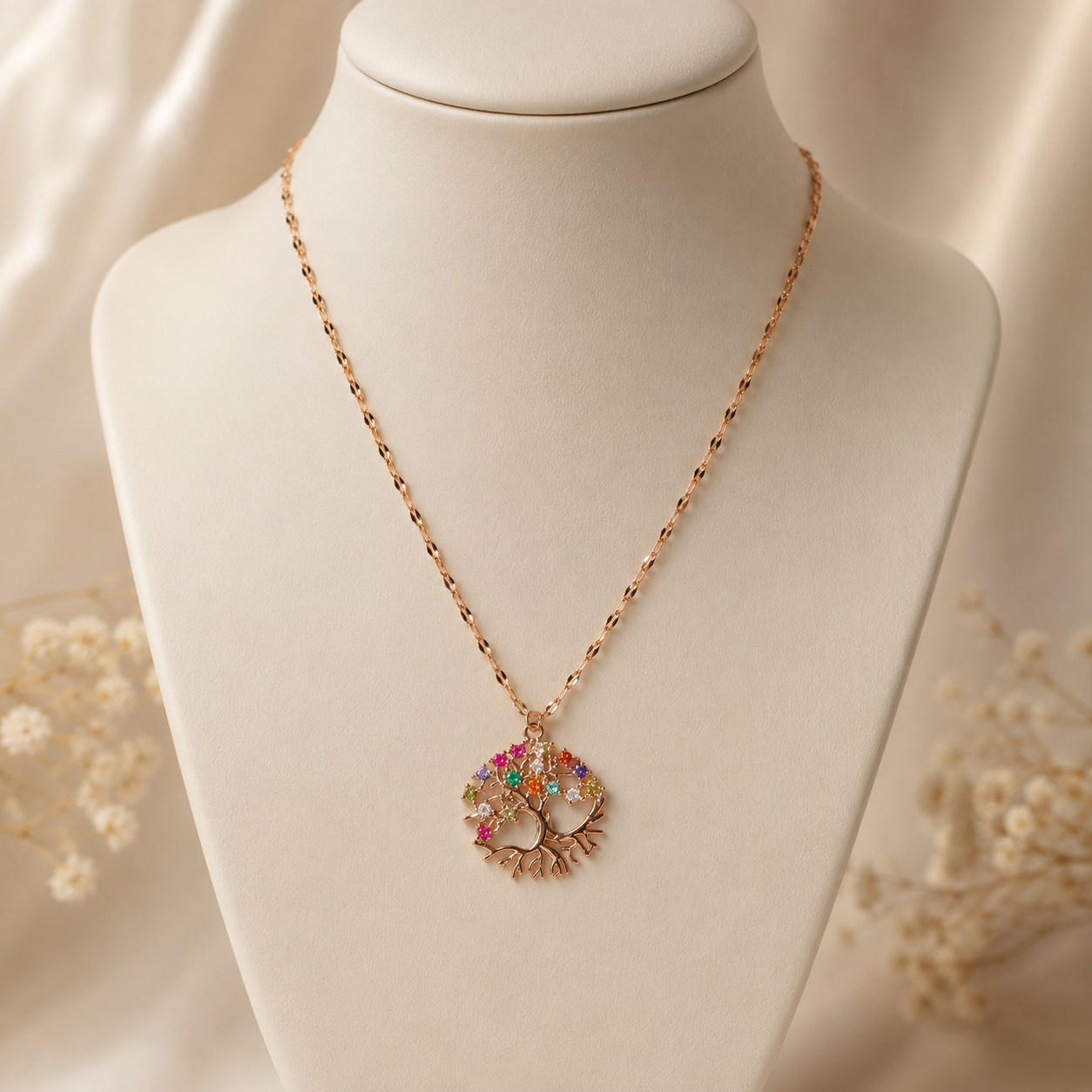 Rose Gold Tree of Life Necklace, Colorful Cubic Zirconia Pendant, Stainless Steel, 18 Inch Adjustable Meaningful Gift