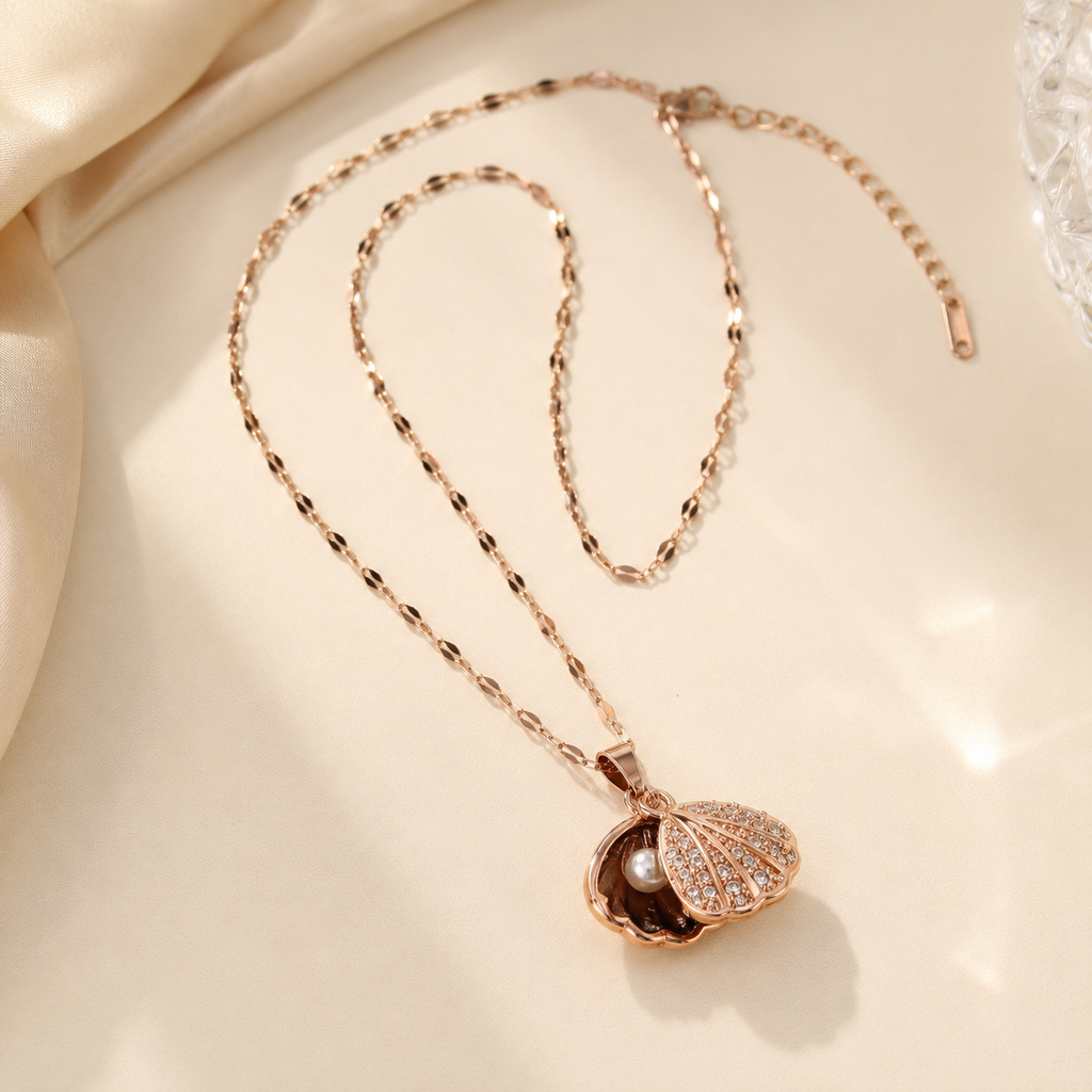Rose Gold Shell Pearl Necklace, Openable Seashell Pendant, Cubic Zirconia Stainless Steel, 18 Inch Adjustable Gift for Her