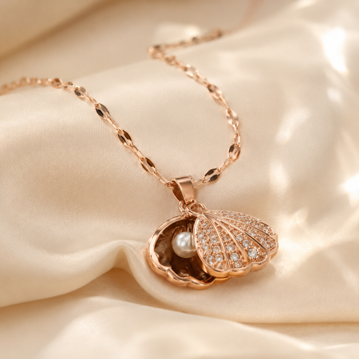 Rose Gold Shell Pearl Necklace, Openable Seashell Pendant, Cubic Zirconia Stainless Steel, 18 Inch Adjustable Gift for Her