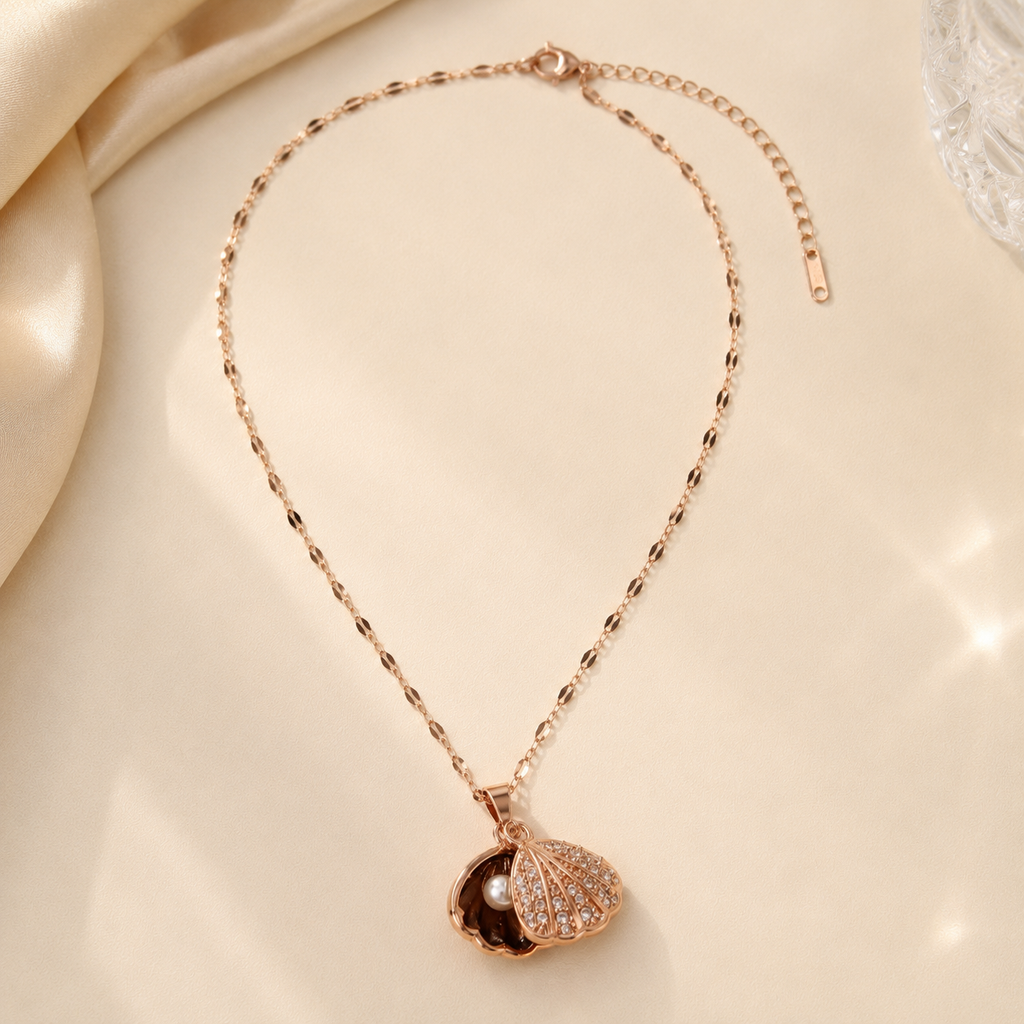 Rose Gold Shell Pearl Necklace, Openable Seashell Pendant, Cubic Zirconia Stainless Steel, 18 Inch Adjustable Gift for Her