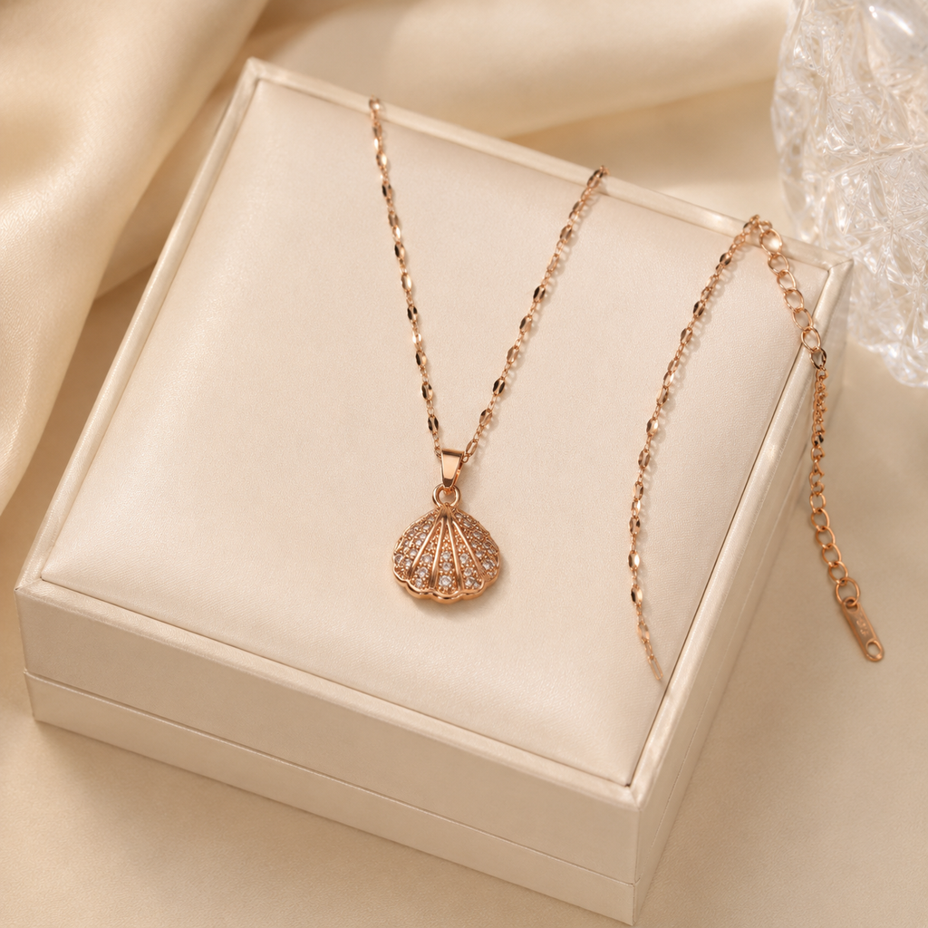 Rose Gold Shell Pearl Necklace, Openable Seashell Pendant, Cubic Zirconia Stainless Steel, 18 Inch Adjustable Gift for Her