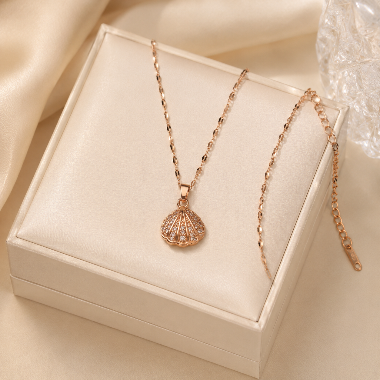 Rose Gold Shell Pearl Necklace, Openable Seashell Pendant, Cubic Zirconia Stainless Steel, 18 Inch Adjustable Gift for Her