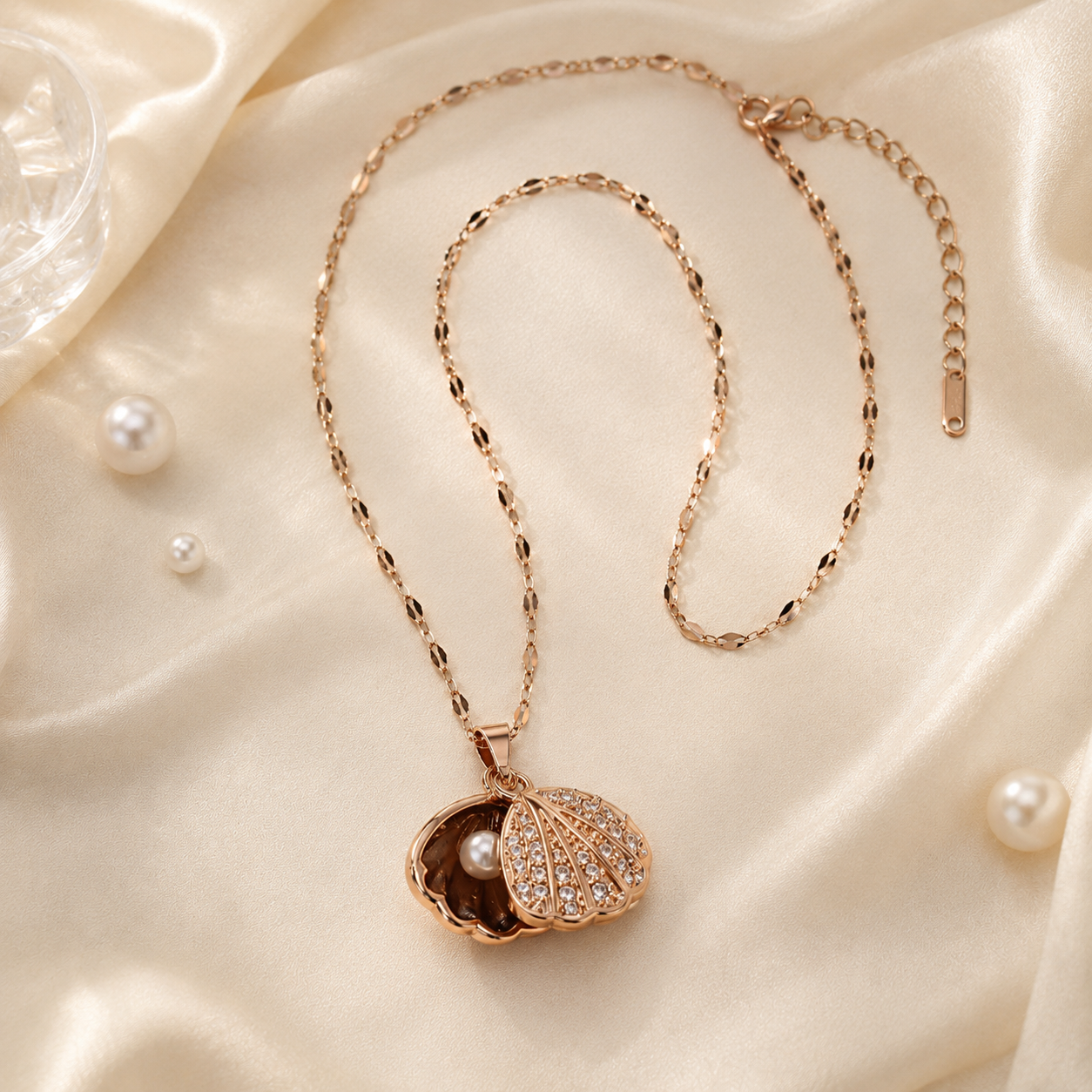Rose Gold Shell Pearl Necklace, Openable Seashell Pendant, Cubic Zirconia Stainless Steel, 18 Inch Adjustable Gift for Her