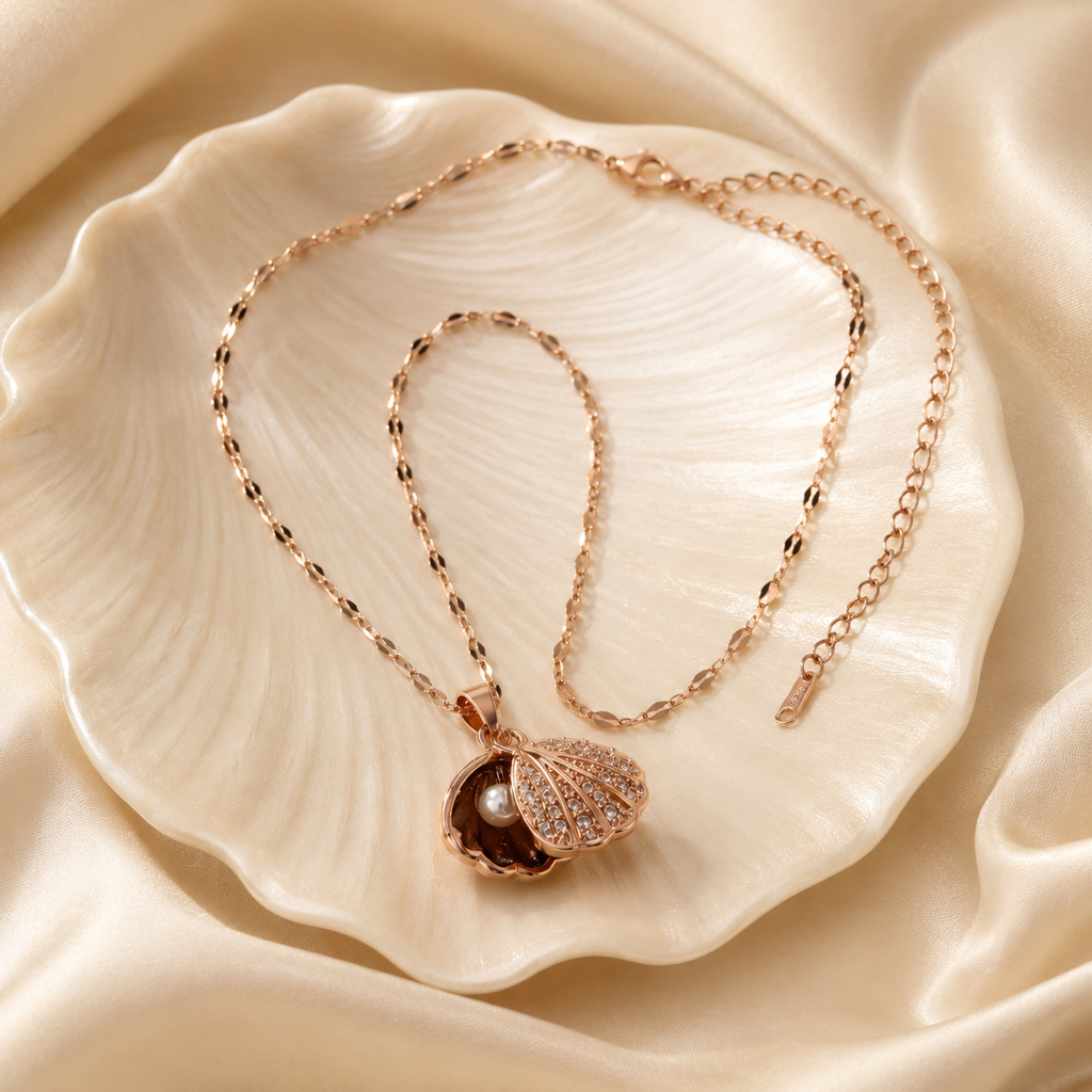 Rose Gold Shell Pearl Necklace, Openable Seashell Pendant, Cubic Zirconia Stainless Steel, 18 Inch Adjustable Gift for Her