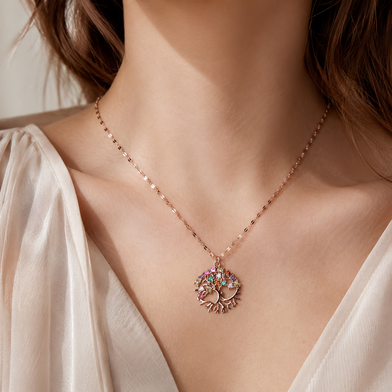 Rose Gold Tree of Life Necklace, Colorful Cubic Zirconia Pendant, Stainless Steel, 18 Inch Adjustable Meaningful Gift