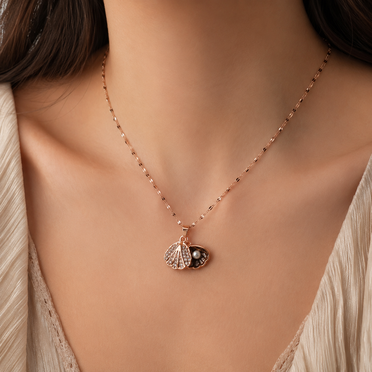 Rose Gold Shell Pearl Necklace, Openable Seashell Pendant, Cubic Zirconia Stainless Steel, 18 Inch Adjustable Gift for Her