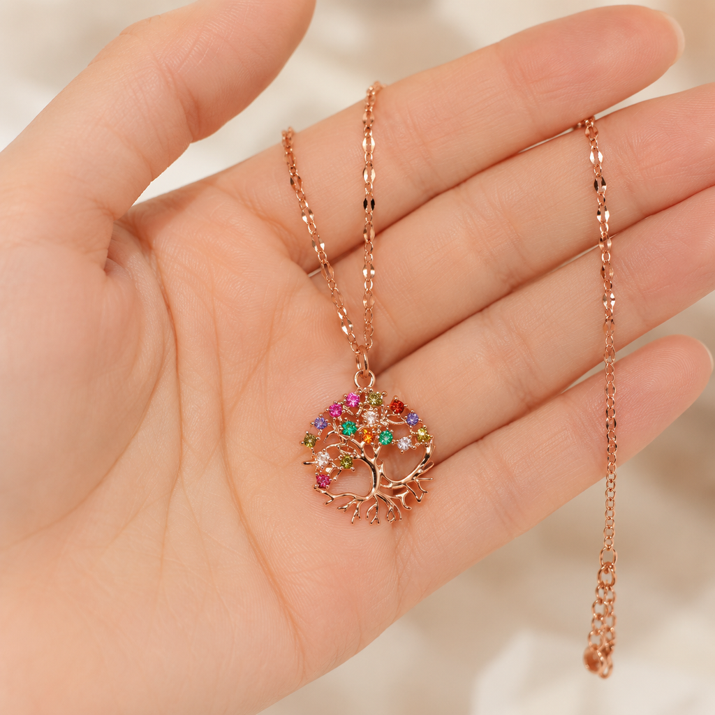 Rose Gold Tree of Life Necklace, Colorful Cubic Zirconia Pendant, Stainless Steel, 18 Inch Adjustable Meaningful Gift