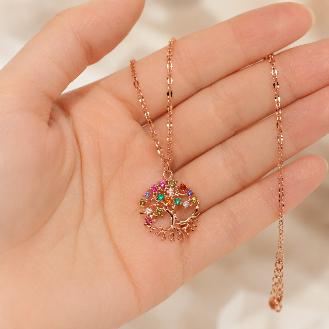 Rose Gold Tree of Life Necklace, Colorful Cubic Zirconia Pendant, Stainless Steel, 18 Inch Adjustable Meaningful Gift
