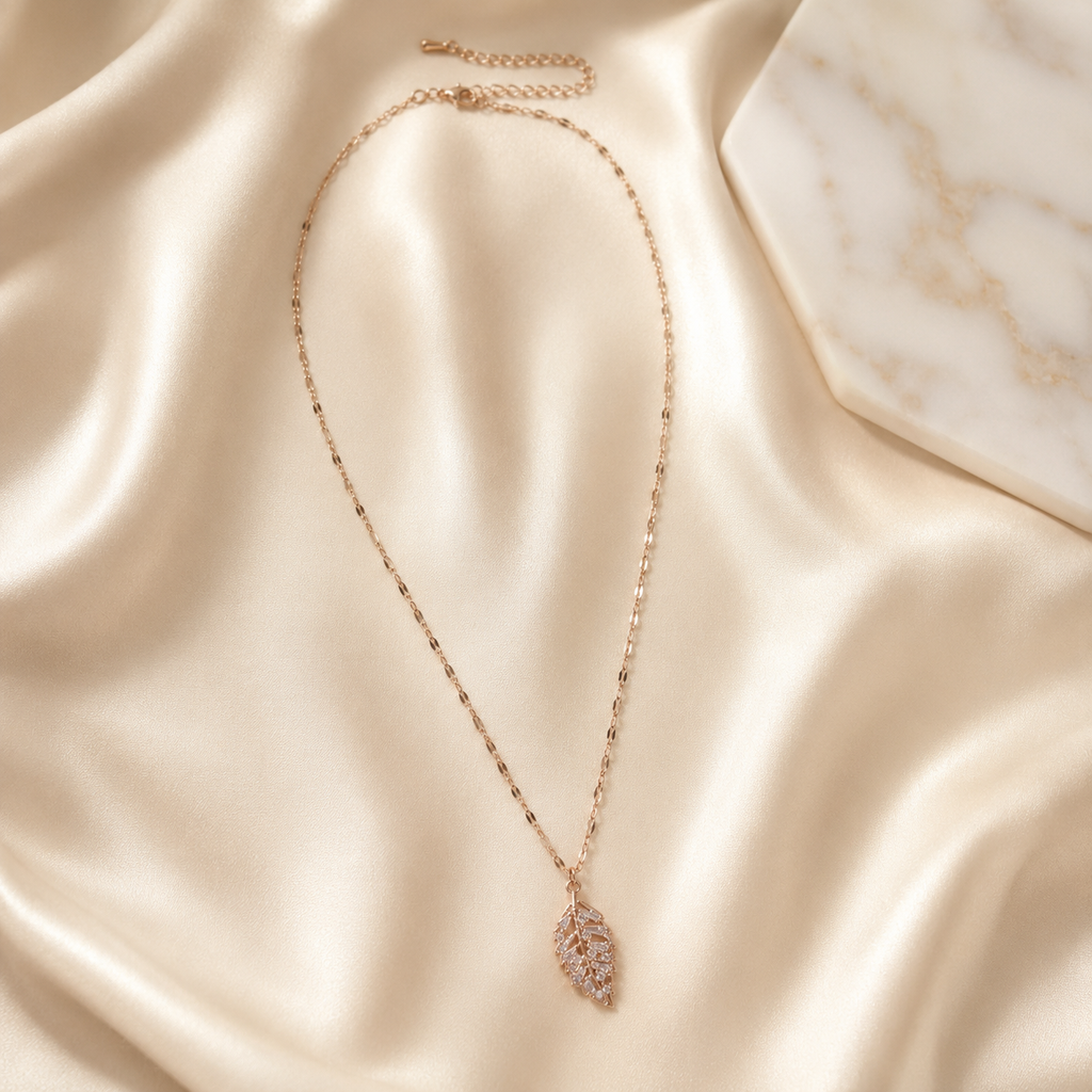 Rose Gold Crystal Leaf Necklace, Cubic Zirconia Pendant, Stainless Steel, 18 Inch Adjustable Gift for Her