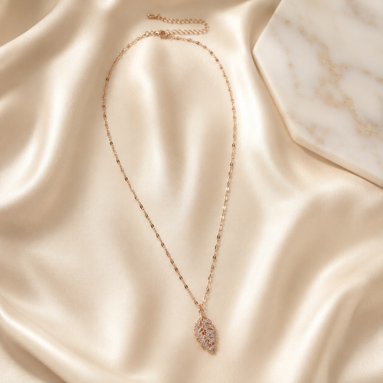 Rose Gold Crystal Leaf Necklace, Cubic Zirconia Pendant, Stainless Steel, 18 Inch Adjustable Gift for Her