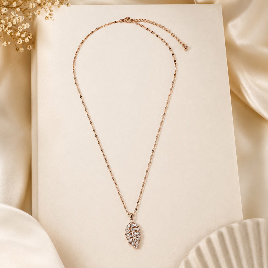 Rose Gold Crystal Leaf Necklace, Cubic Zirconia Pendant, Stainless Steel, 18 Inch Adjustable Gift for Her