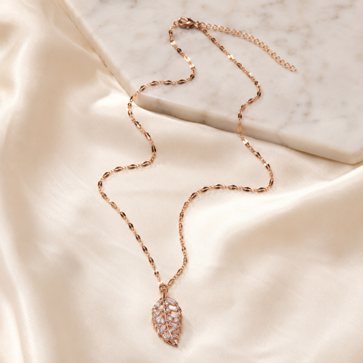 Rose Gold Crystal Leaf Necklace, Cubic Zirconia Pendant, Stainless Steel, 18 Inch Adjustable Gift for Her