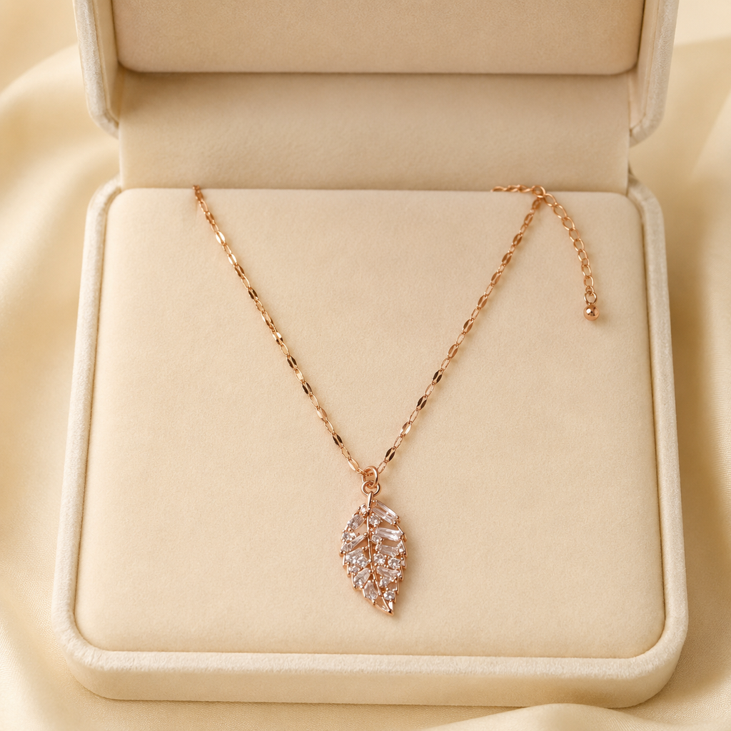 Rose Gold Crystal Leaf Necklace, Cubic Zirconia Pendant, Stainless Steel, 18 Inch Adjustable Gift for Her