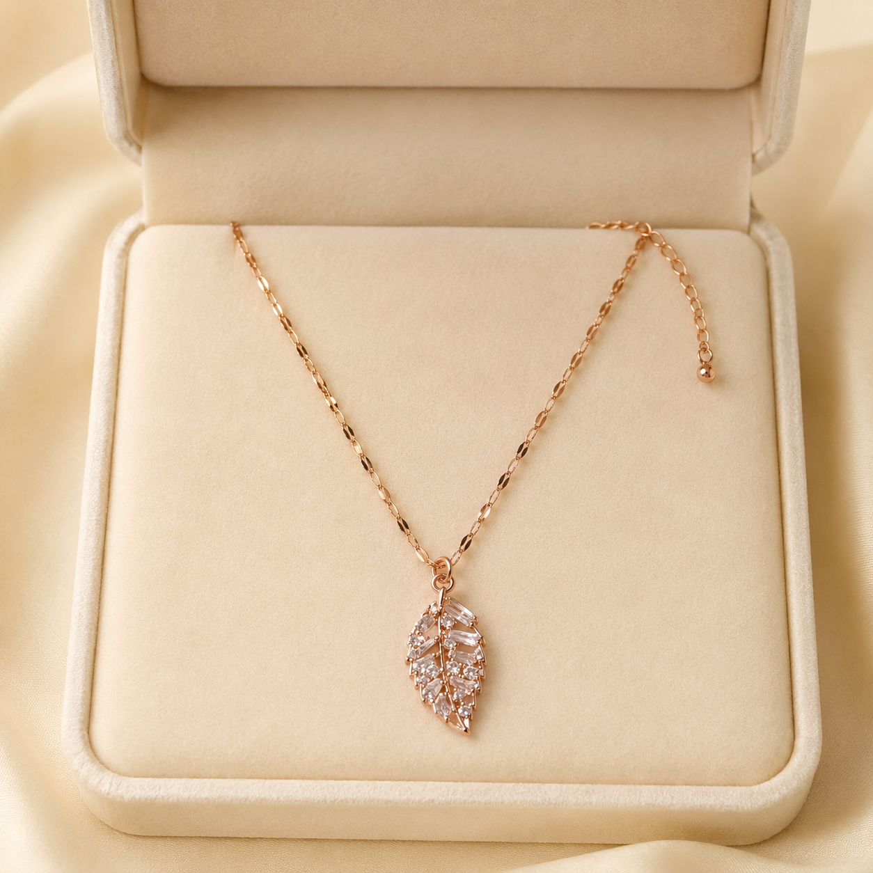 Rose Gold Crystal Leaf Necklace, Cubic Zirconia Pendant, Stainless Steel, 18 Inch Adjustable Gift for Her