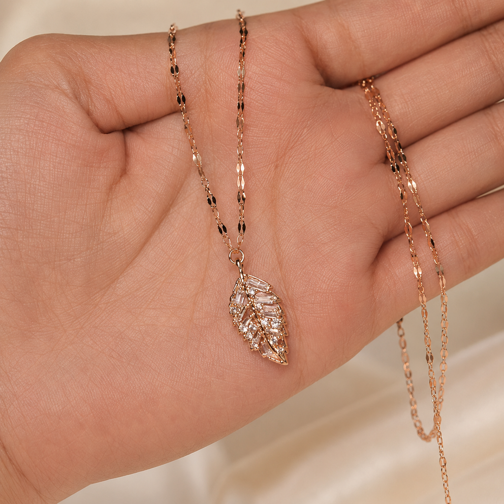 Rose Gold Crystal Leaf Necklace, Cubic Zirconia Pendant, Stainless Steel, 18 Inch Adjustable Gift for Her
