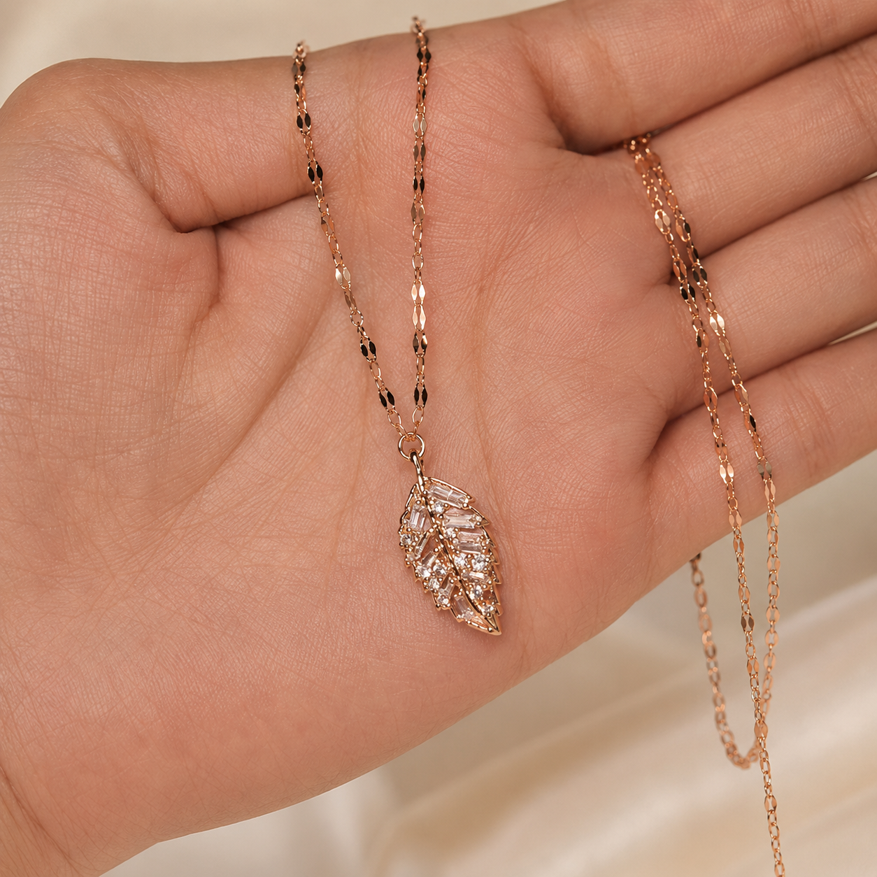 Rose Gold Crystal Leaf Necklace, Cubic Zirconia Pendant, Stainless Steel, 18 Inch Adjustable Gift for Her