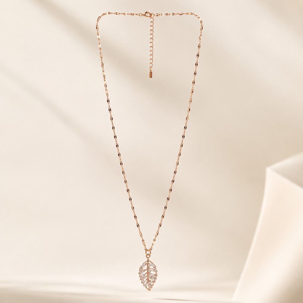 Rose Gold Crystal Leaf Necklace, Cubic Zirconia Pendant, Stainless Steel, 18 Inch Adjustable Gift for Her