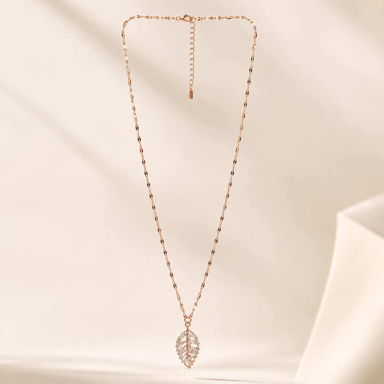 Rose Gold Crystal Leaf Necklace, Cubic Zirconia Pendant, Stainless Steel, 18 Inch Adjustable Gift for Her