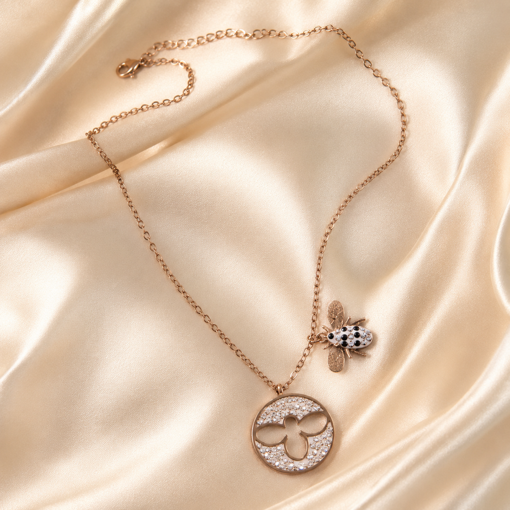 Rose Gold Bee Necklace, Crystal Circle Pendant, Stainless Steel, 18 Inch Adjustable, Water Resistant Gift for Her