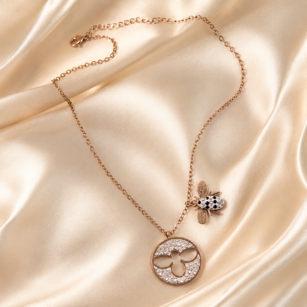 Rose Gold Bee Necklace, Crystal Circle Pendant, Stainless Steel, 18 Inch Adjustable, Water Resistant Gift for Her