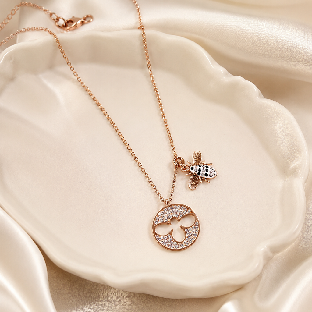 Rose Gold Bee Necklace, Crystal Circle Pendant, Stainless Steel, 18 Inch Adjustable, Water Resistant Gift for Her