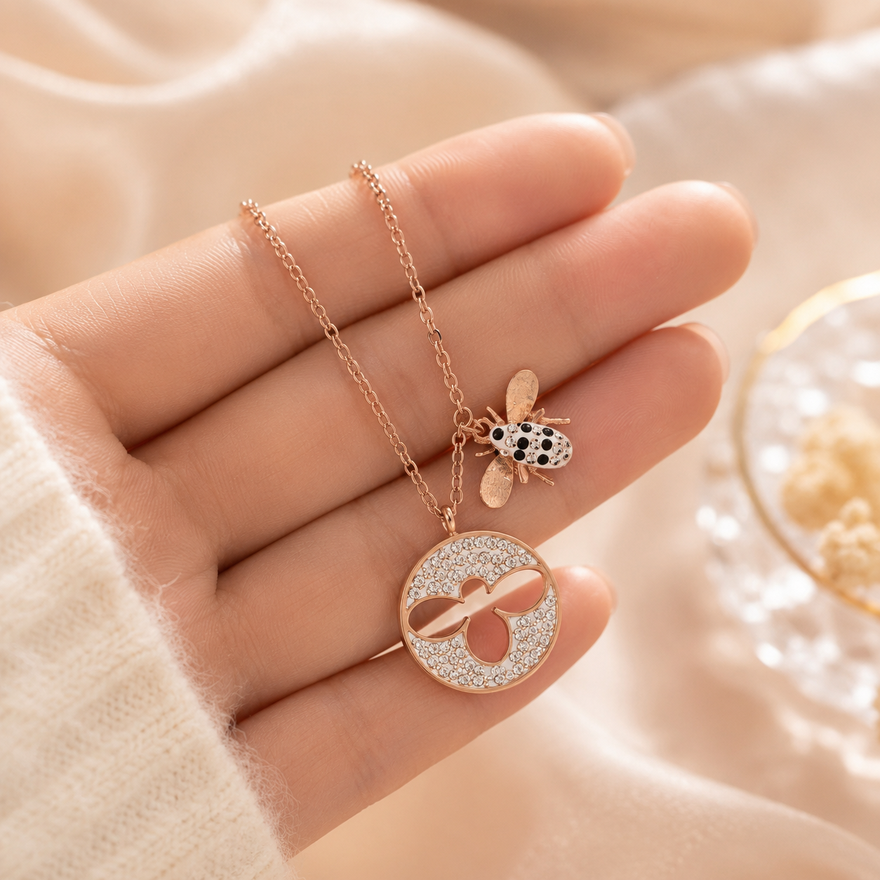 Rose Gold Bee Necklace, Crystal Circle Pendant, Stainless Steel, 18 Inch Adjustable, Water Resistant Gift for Her
