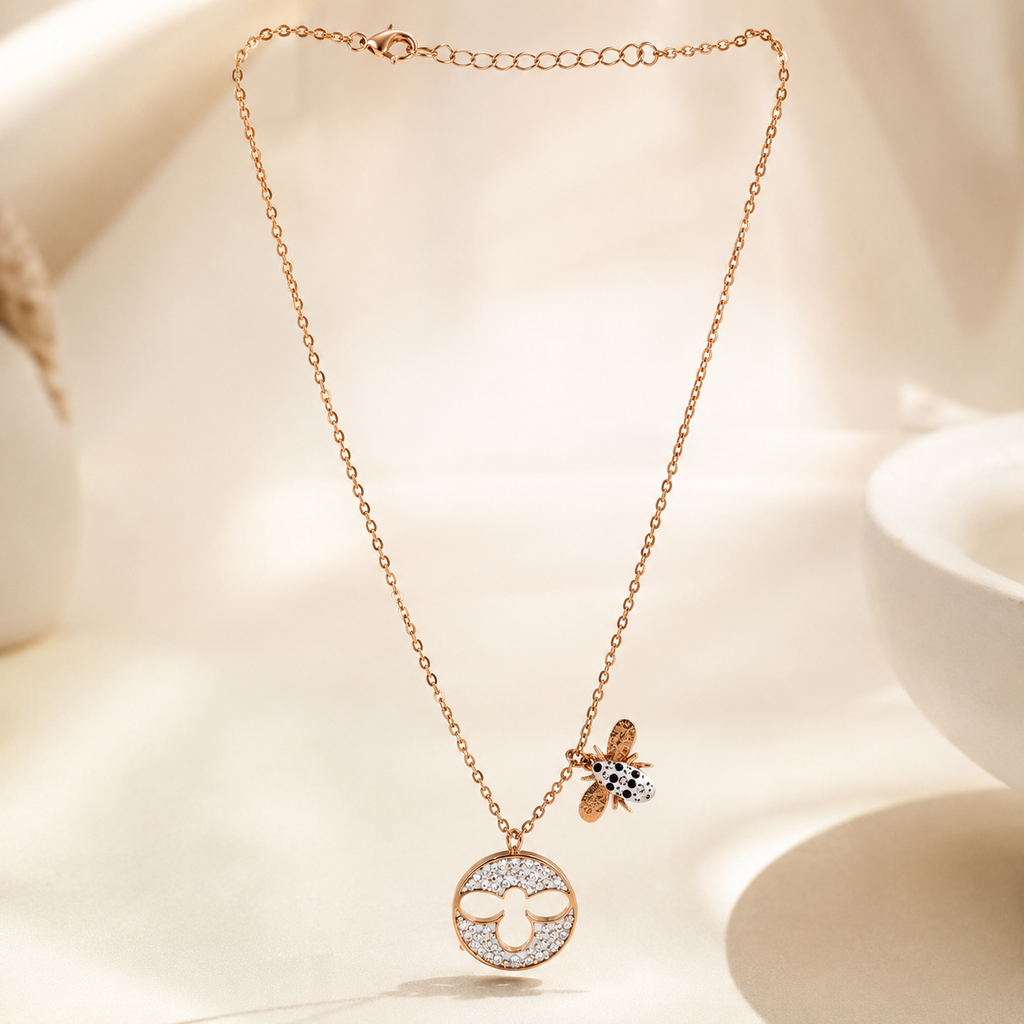 Rose Gold Bee Necklace, Crystal Circle Pendant, Stainless Steel, 18 Inch Adjustable, Water Resistant Gift for Her
