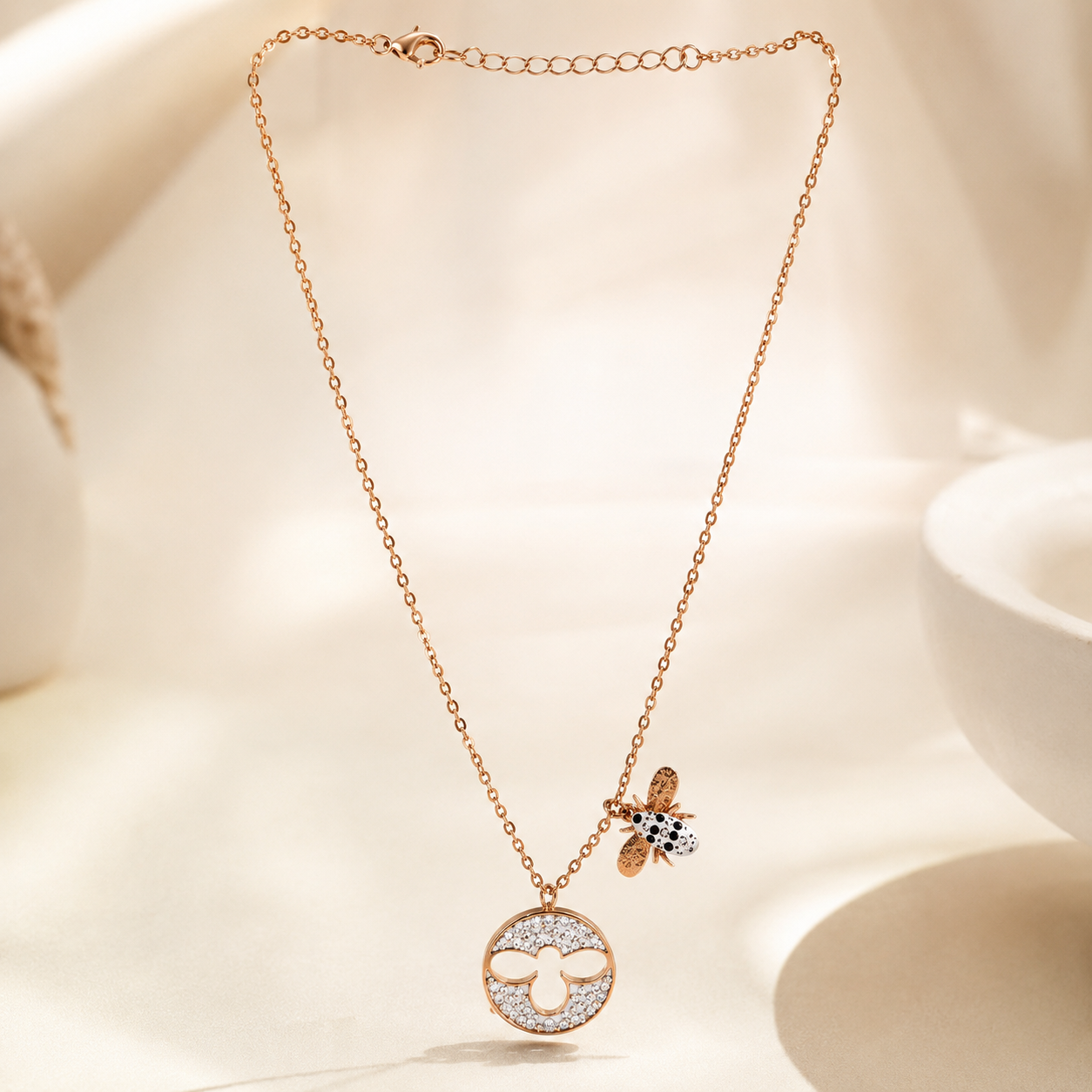 Rose Gold Bee Necklace, Crystal Circle Pendant, Stainless Steel, 18 Inch Adjustable, Water Resistant Gift for Her