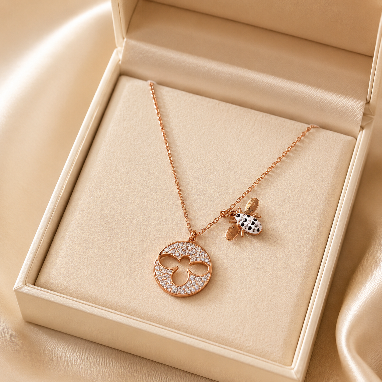 Rose Gold Bee Necklace, Crystal Circle Pendant, Stainless Steel, 18 Inch Adjustable, Water Resistant Gift for Her