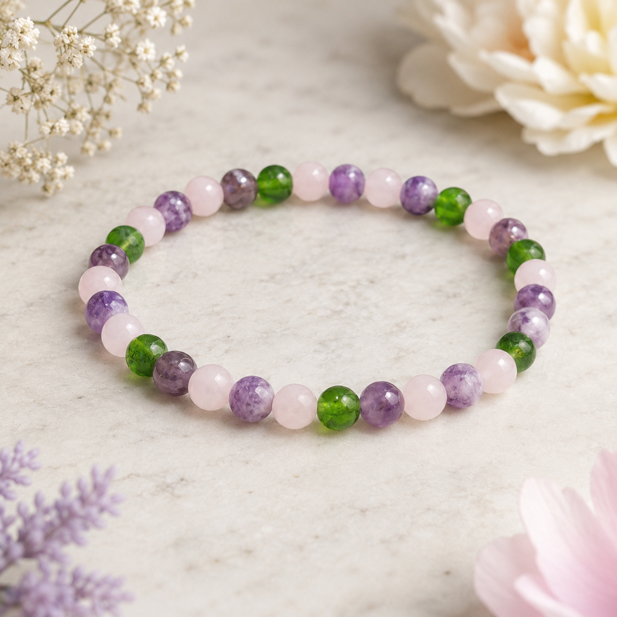 Rose Quartz Amethyst Moldavite Bracelet, 4mm Gemstone Stretch Bracelet, Spiritual Crystal Jewelry, Gift for Her