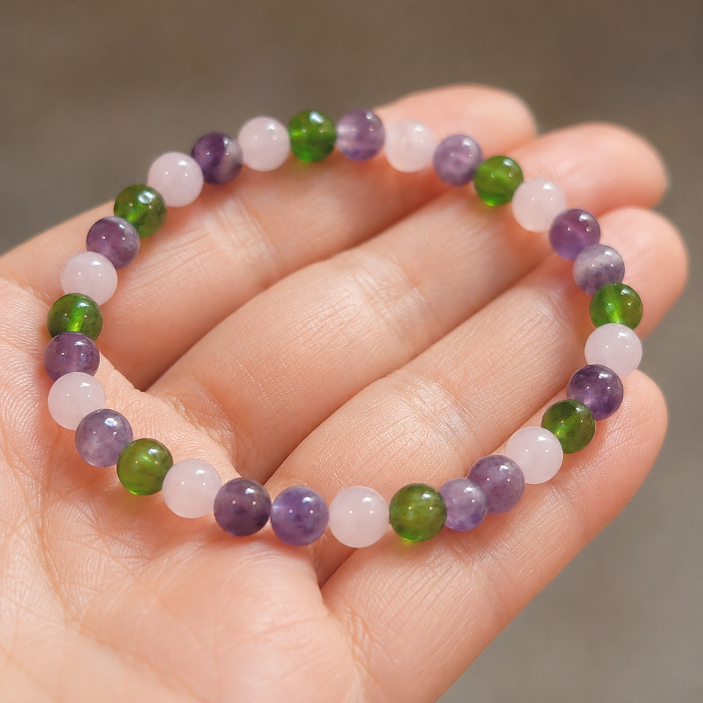 Rose Quartz Amethyst Moldavite Bracelet, 4mm Gemstone Stretch Bracelet, Spiritual Crystal Jewelry, Gift for Her