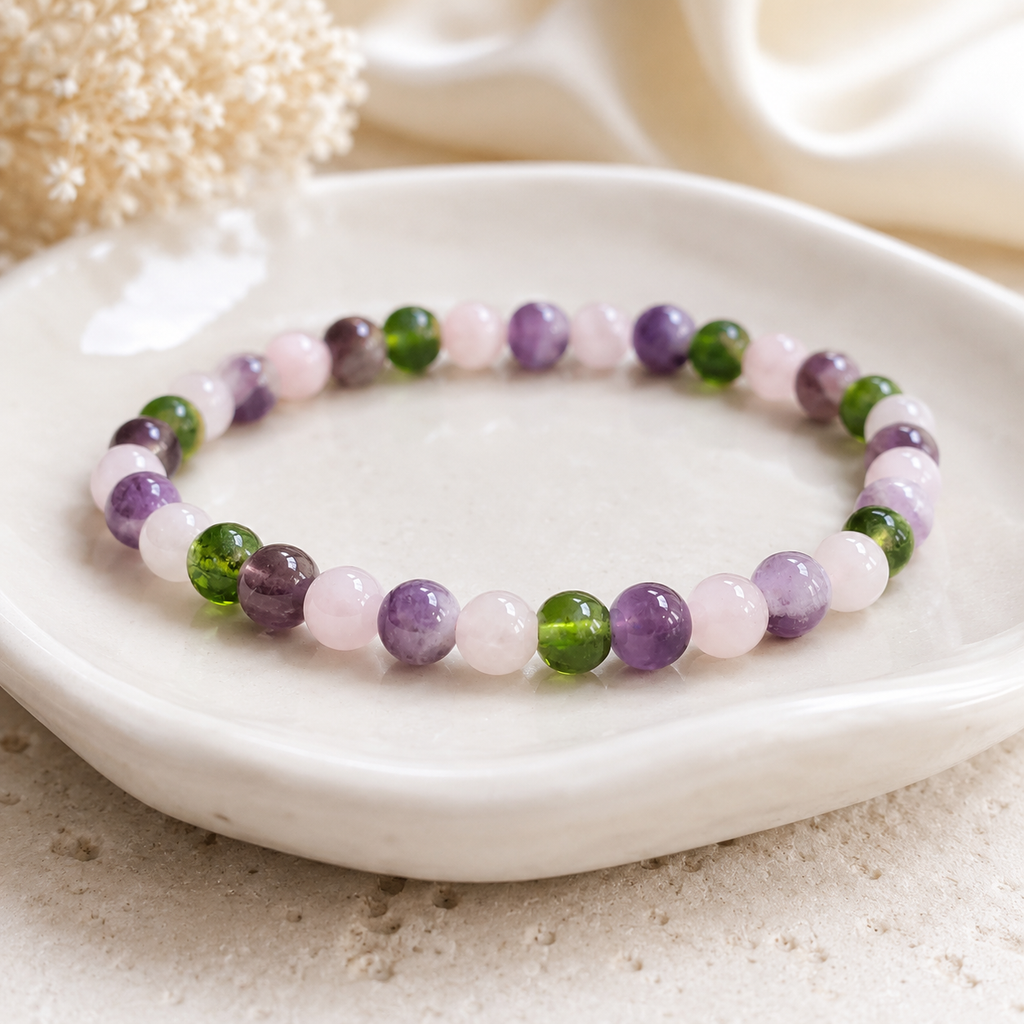 Rose Quartz Amethyst Moldavite Bracelet, 4mm Gemstone Stretch Bracelet, Spiritual Crystal Jewelry, Gift for Her